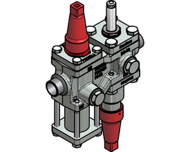 Danfoss ICF 15-4-12 ventilstation i stål med 20mm svejsetilslutning og røde betjeningselementer.