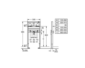Teknisk tegning af Grohe Rapid SL installationssystem til håndvask med dimensioner og mål i millimeter.
