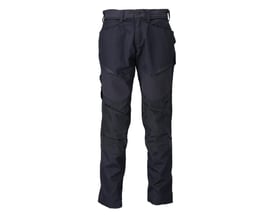 Bagfra set af Mascot Customized 22479-230 arbejdsbukser i mørk marine med reflekseffekter på benene og synlige CORDURA® forstærkninger ved knæene.