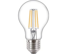 Philips Lighting Standard LED-pære i klar A60-form med synlige filamenter og E27-fatning, 9 W og dæmpbar.