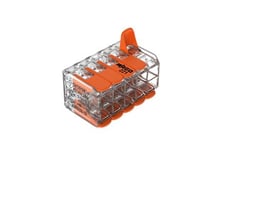 Wago 221 fjedersamlemuffe med en åben orange pal, klar til elektrisk forbindelse af ledere op til 4 mm².