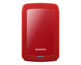 Rød ADATA HV300 ekstern harddisk med 2 TB lagerplads, set forfra med glat midterfelt og prikket kant.