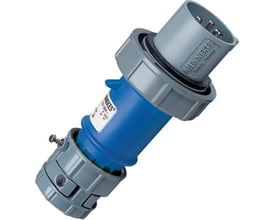 Mennekes PowerTop CEE stikprop i blå og grå, 3-polet, 16A, 230V, med IP67 klassificering, vist på hvid baggrund.