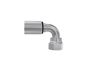 Parker 1J948-12-12 hydraulikfitting i kromatiseret stål, set fra siden med bøjet ORFS-tilslutning og omløber.