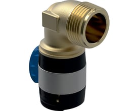 Detaljeret 3D-gengivelse af Geberit FlowFit 90° bøjning til 16 mm rør, viser messing-materialet og koblingsmekanismen.