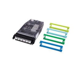 CommScope G2 Splidse kassette modul med 6xLC duplex porte, uden pigtails, vist med 4 medfølgende farverammer i grøn, blå og turkis.