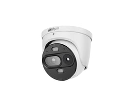 Dahua 4MP eyeball hybrid termisk overvågningskamera med temperaturmåling, set forfra og fra siden.