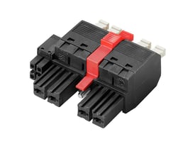 Weidmüller hybridstik til PCB med fire poler og PUSH IN-aktivering, vist med sorte stikdele og rød låsearm.