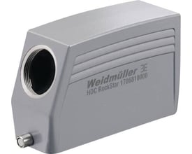 Weidmüller HDC RockStar kabelhus i størrelse 8, med M32 sideindgang til kabel og en låsestift på siden, i grå metal.