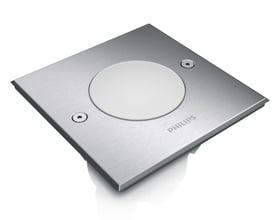 Top view af Philips myGarden Crust nedgravningsspot i børstet rustfrit stål med synligt Philips logo.