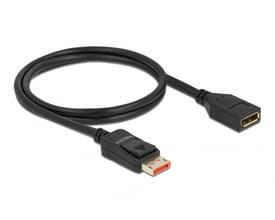 Sort DeLock DisplayPort-forlængerkabel på 1 meter, oprullet med både han- og hunstik synlige.
