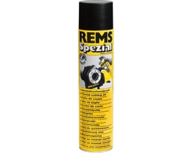 Rems Spezial gevindskæreolie spraydåse vist tæt på, med fokus på produktnavn og trykte instruktioner på flere sprog.