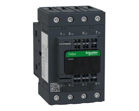 Schneider Electric TeSys D kontaktor 60A 4P 48VAC med 1 NO 1 NC kontakt, set fra en let skrå vinkel.