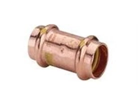 Viega Profipress G muffe 15mm i kobber, set fra siden med fokus på presfalsene og SC-Contur mærkningen.