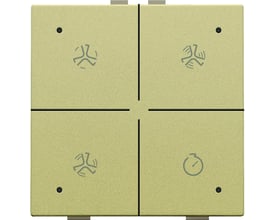 Niko ventilationstryk med LED i guldfarvet finish og fire symboler, inklusiv timerfunktion og ventilator.