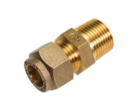 Conex overgangsnippel i messing med 12mm kompressionsfitting og 1/2" udvendigt gevind, KIWA-godkendt til drikkevand.