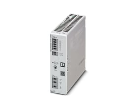 Detaljeret billede af Phoenix Contact TRIO3-PS/1AC/24DC/10 strømforsyningens frontpanel, der viser mærkning, tilslutningsmuligheder og diagnostiske indikatorer.