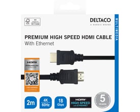 Emballagens forside viser Deltaco Premium højhastigheds HDMI-kabel i sort med stik og oplysninger om 2 meter og 4K.