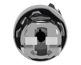 Bundvisning af Schneider Electric drejegreb ZB4BD4 med 2 positioner og fjederretur i sort metal, vist på hvid baggrund.