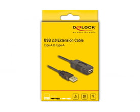 Emballagen til DeLock aktivt USB 2.0-forlængerkabel på 10 meter viser kablets USB-A-han- og hunstik.