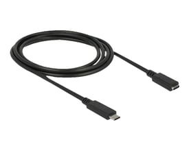 Delock USB-forlængerkabel på 2 meter, USB 3.2 Gen 1, sort og rullet sammen med USB-C-han- og hunstik.