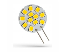 SpectrumLED G4 LED-pære på 1,2 W og 12 V med 3000 K, set forfra med gule LED-felter og to metalben.
