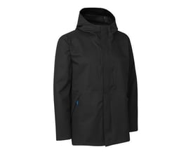 Sort ID Identity regnjakke i størrelse S med hætte og YKK lynlåse, fremstillet i twill med stretch.