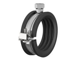 Flamco BSA rørophæng med M8/10 gevind og lyddæmpende gummibånd til 12-13 mm rør, vist med klik-fjeder lukkesystem.