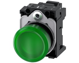 Siemens 22mm signallampe i grøn med glat plastiklinse, vist med detaljer af monteringsmekanisme og terminaler.