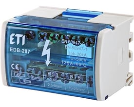 ETI EDB-207 2-polet distributionsblok på 125A med mærket CE, forberedt til TH35 skinne montering.