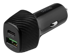 Sort Deltaco-billader med USB-C- og USB-A-port, begge mærket 18 W, og en samlet effekt på 36 W.