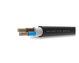 Kabel 2x4 RZ1-K flex i sort med afisolerede ender, der viser blå og brun leder. Kablet er angivet med B2ca CPR-klasse og 0,6/1 kV mærkespænding.