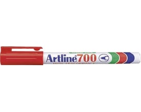 Artline 700 tusch i rød med 0,7 mm stregbredde, 'High Performance' mærkat og farvede bølger.