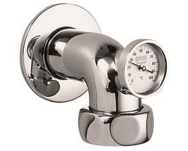 Detaljebillede af Grohe Lahr afgangsbøjning med integreret termometer og detaljeret syn på kromfinishen.