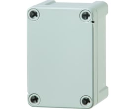 Lukket Fibox Tempo kasse TPC 111107 110x110x60mm i RAL 7035 lysegrå, med synlige skruehuller til montering.