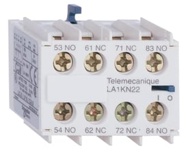 Tilbudsbillede af en hvid Schneider Electric hjælpeblok LA1KN22, med mærkningerne 53NO, 61NC, 71NC, 83NO på den øverste række og 54NO, 62NC, 72NC, 84NO på den nederste.
