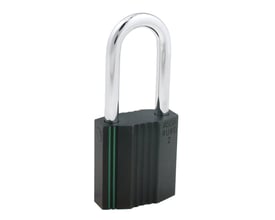 Ruko hængelås Type 2 RD2643 fra Assa Abloy med sort, riflet låsehus og blank, buet stålbøjle.