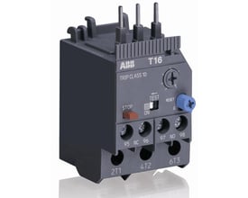 ABB T16 termorelæ med trip klasse 10, vist med en testknap og reset-funktion i mørkegrå plast på hvid baggrund.
