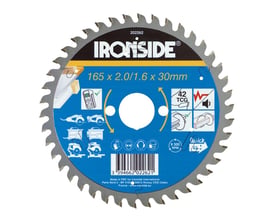 Ironside rundsavklinge til aluminium med 42 tænder og blå mærkning på midten, set forfra. Diameteren er 165 mm.