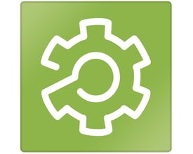 SoMachine V4.3 programmeringssoftware ikon fra Schneider Electric med et tandhjul og en forstørrelsesglasgrafik på en grøn baggrund.