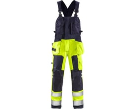 Kansas Flamestat Hi-Vis overalls i gul og marineblå med CORDURA-forstærkning på knæene og refleksstriber.