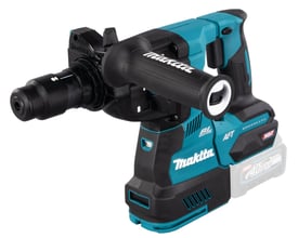 Makita 40V bore-/mejselhammer i turkis og sort, med SDS-Plus chuck og et 40V XGT batteri på hvid baggrund.