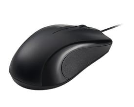 Sort, kablet optisk DELTACO-mus med USB-C, tre knapper og 1200 DPI, vist skråt fra siden med kabel.