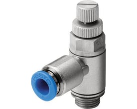 Festo GRLA-1/4-QS-10-RS-D kontraventil i metal med blå QS-10 tilslutning og rilleskrue til justering.