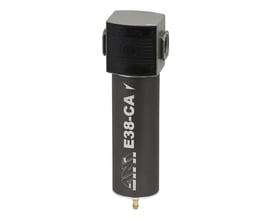 FLAIR E38/C kulfilter med 1/2" tilslutning, viser den sorte cylinder med mærkning og grå top på hvid baggrund.