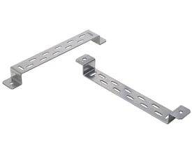 To el-forzinkede stål afstandsbeslag til gitterbakker, der viser hullerne til montering.