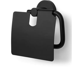 Elegant sort toiletrulleholder med låg og en buet holder, monteret på en cirkulær vægplade på hvid baggrund.