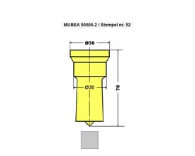 Teknisk tegning af Mubea stempel 50505-2 med dimensioner ø36 mm og ø30 mm, samt en total længde på 70 mm.