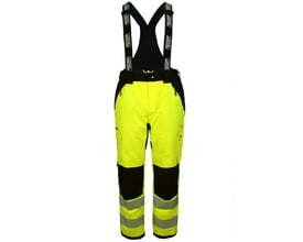 Lyngsøe Rainwear vinterbukser full stretch i hi-vis gul og sort, str. L, set forfra med seler og refleksbånd.
