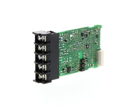 Omron E53-CNH03N2 optionsplade til E5CN-H med RS-485 kommunikation og fejldetektering, vist med grøn printplade og sorte terminaler.